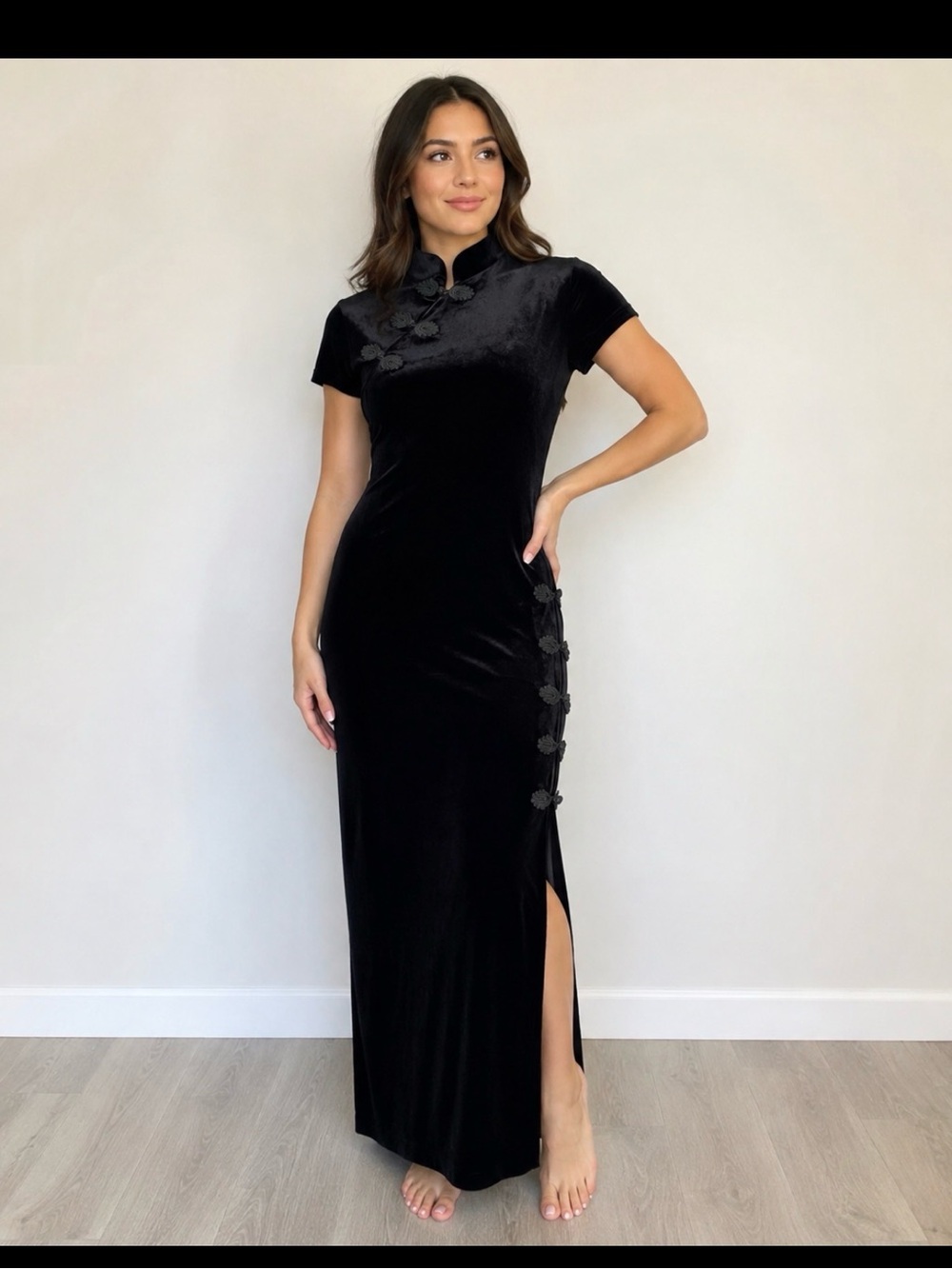 NWT Commense Black Velvet Cheongsam-Style Maxi Dress – Size XL